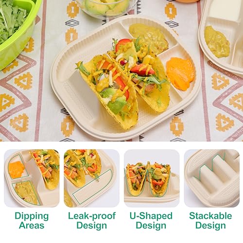 Disposable Taco Plates Set 50 Pack with 2 Slots & 2 Sides - Biodegradable Cornstarch, Microwave Safe
