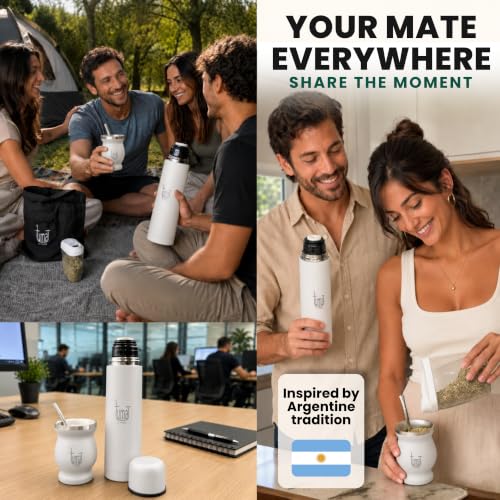 Yerba Mate Set with Stainless Steel Cup, Bombilla & Thermos - White Classic Kit