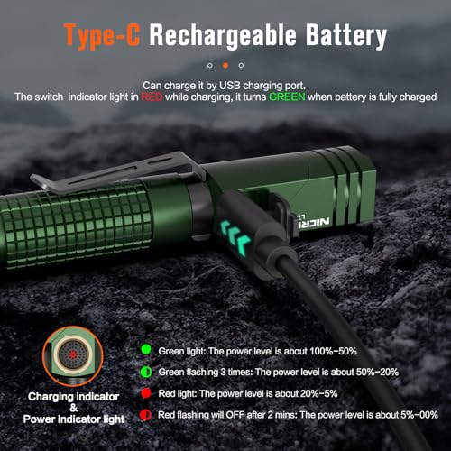 NICRON L74 Mini 400 Lumens EDC Flashlight with Magnetic Tail Cap, 6 Modes, Type-C Rechargeable, 90° Tilt IP65 Waterproof – Green