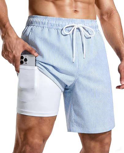 Men's Swim Trunks with Compression Liner 7 Inch Quick Dry - Medium B-Blue White Stripe