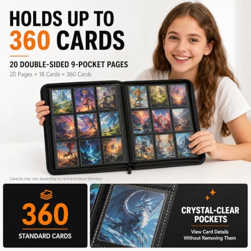 Black 9-Pocket Trading Card Binder for TCG & Sports Cards - 360 Slots, Zipper Closure