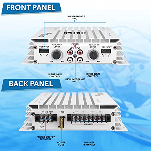Pyle Hydra Marine Amplifier - Upgraded Elite Series 400 Watt 4 Channel Audio Amplifier | Waterproof Dual MOSFET Power Supply | GAIN Level Controls, RCA Stereo Input & LED Indicator