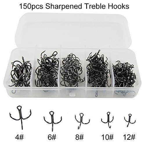 Black Treble Hooks Assortment Set 150 Pcs High Carbon Steel 4 6 8 10 12 Saltwater Freshwater