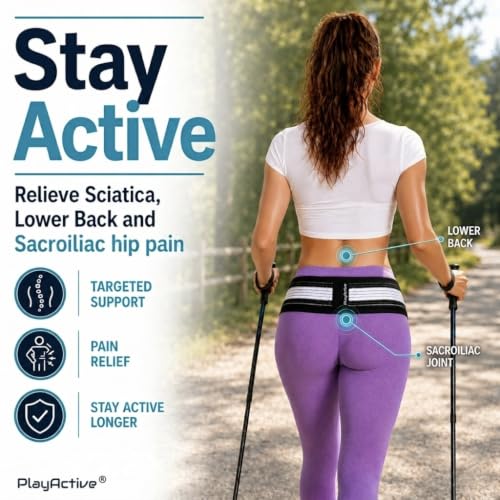 PlayActive Sacroiliac SI Joint Hip Belt - Lower Back & Pelvic Support, Regular (Hip 32-47 inch), Black & White