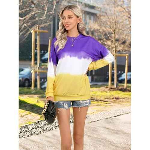 Dresswel Women's Oversized Crew Neck Tie Dye Sweatshirts with No Hood Plus Size Casual Color Block Long Sleeve Pullover Tops