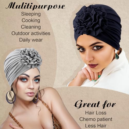 JenPen 4 Pcs Chemo Turban Headwear for Women Soft Cancer Cap Flower Turban Elastic Head Wrap for Cancer Patients Hair Loss