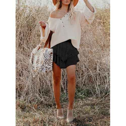 Flowy Shorts for Women Casual Boho Ruffle Tiered Skorts High Waist Mini Skirts Golf Tennis Crochet Shorts