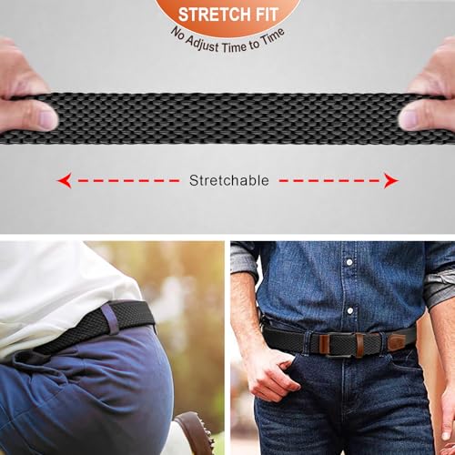 Men's Reversible Stretch Braided Web Belt 1 3/8 Inch with Gift Box, Black & Light Brown, Adjustable Waist 32-36