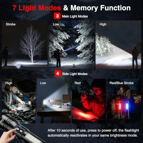 Rechargeable LED Flashlight 3600 Lumens, Dual Light, LCD Display, IP65 Waterproof