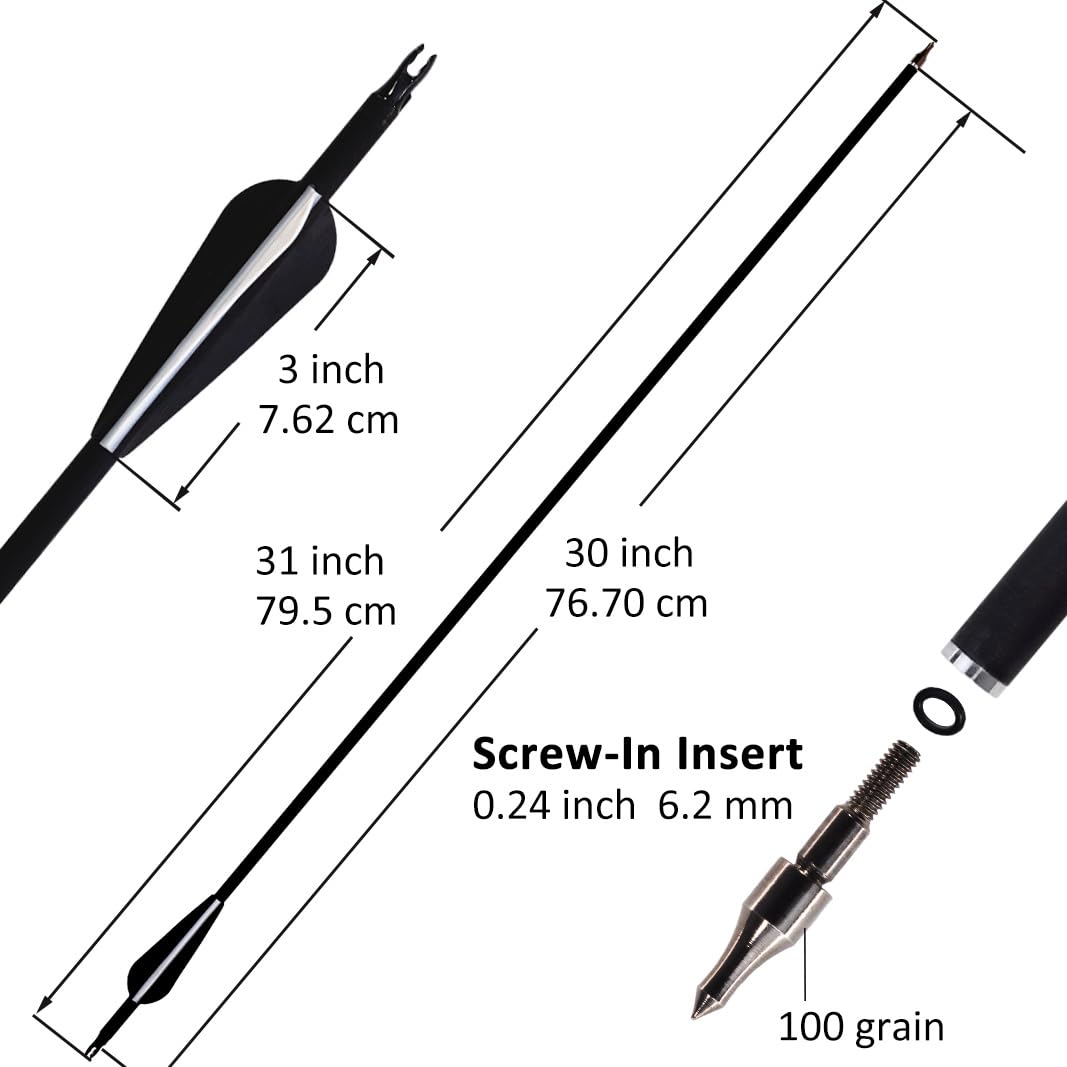 Luoyer 12Pcs Archery Hunting Arrows for Compound Bow Recurve Bow with Removable Tips Adjustable Nocks for Adults Hunting Targeting 30inch (Black Vanes)