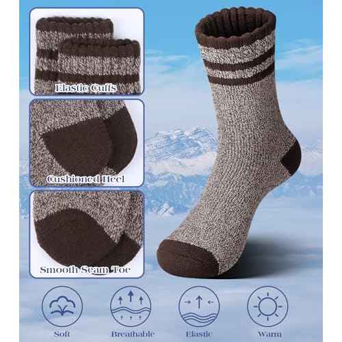 Yeblues 5 Pairs Wool Socks Mens, Winter Thick Merino Warm Hiking Socks,Soft Casual Thermal Crew Socks