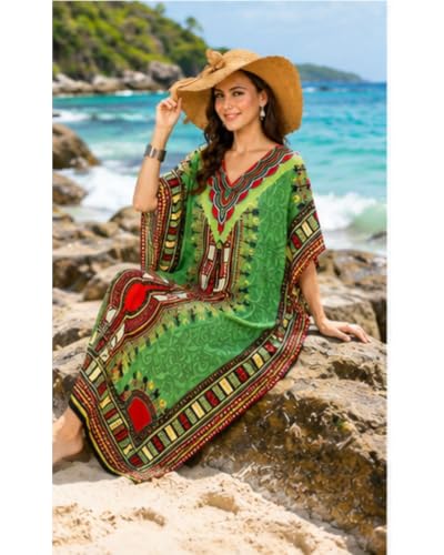 Women African Kaftan Maxi Swimsuit Beach Cover Up Nightwear Loungewear Casual Dress - Alkc-Green