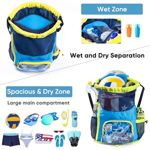 Neon Yellow & Blue Mesh Drawstring Swim Backpack with Shoe & Wet Pocket - Large Capacity