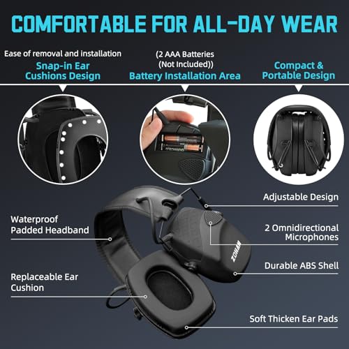 Electronic Ear Protection for Shooting Range - Noise Reduction & Sound Amplification, Black
