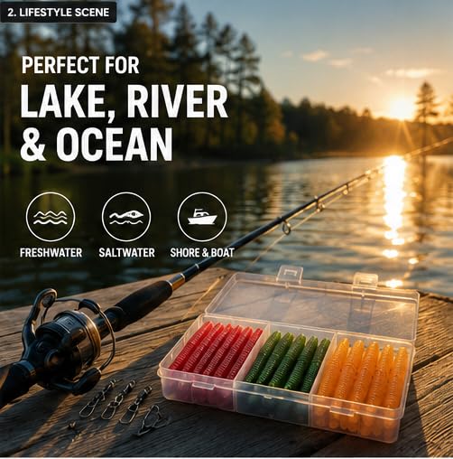 50PCS Fishing Worm Lure Kit with Hooks & Swivels - Soft Plastic Bass Baits
