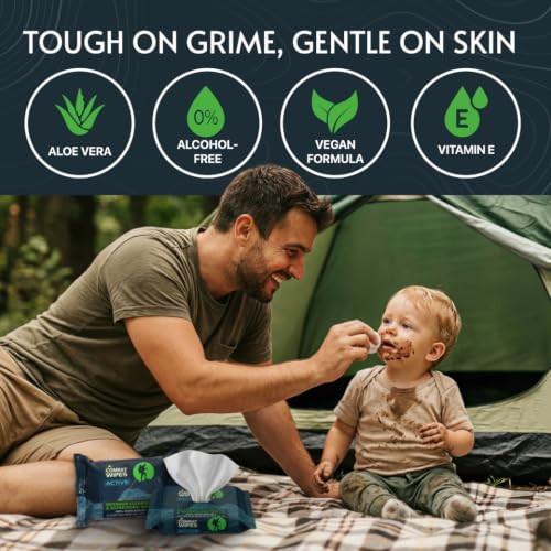 Combat Wipes ACTIVE Outdoor Wet Wipes 25 Count Pack of 2 - Biodegradable, Extra Thick, Aloe & Vitamin E, Body & Hand Cleansing for Camping & Gym