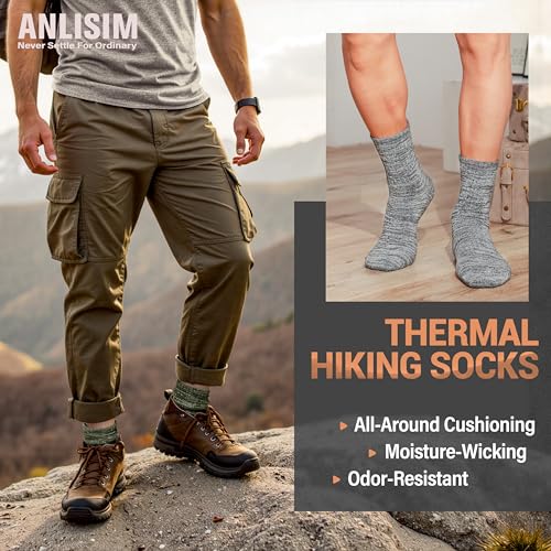 Anlisim Merino Wool Hiking Socks - Crew Work Socks for Men Women Large Green/Black/Grey