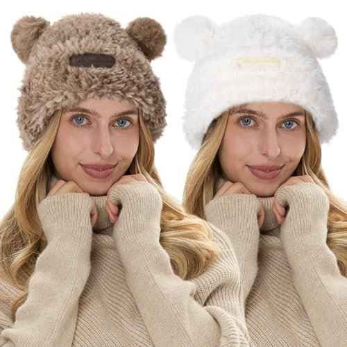 2 Pcs Cute Fuzzy Bear Ear Beanie for Women Winter Plush Warm Woolen Hat Faux Fur Animal Knitted Cap