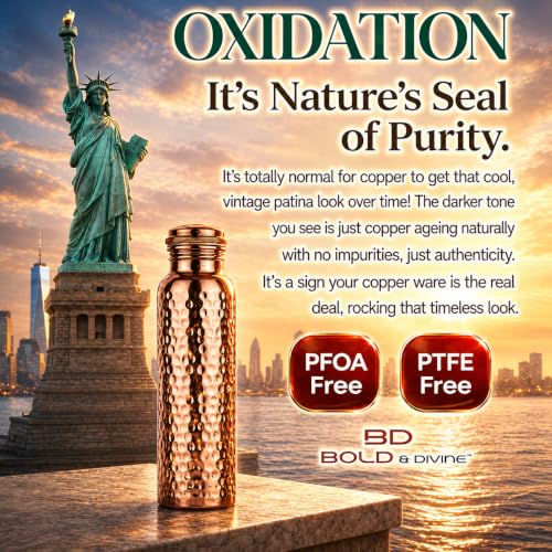 Copper Water Bottle 32oz Hammered Pure Copper Drinking Vessel with Leak-Proof Cap & Canvas Bag