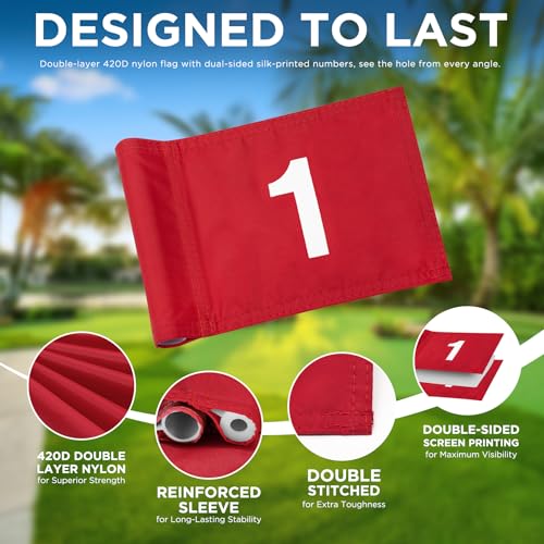 Golf Flagstick and Hole Cup Set with Mini Flags - 2 Pack Red & White Flags