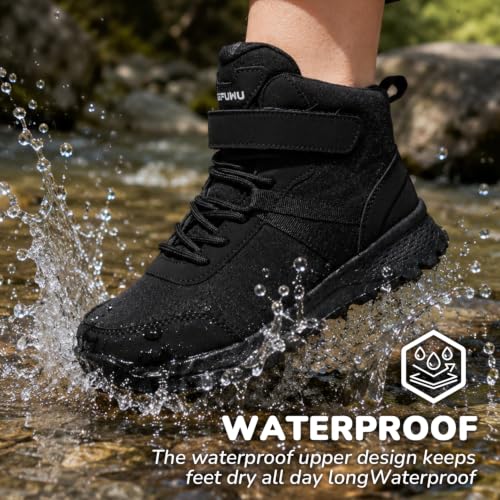 Kids Waterproof Non-Slip Hiking Boots for Girls and Boys - Midnight Black, Size 3 Big Kid