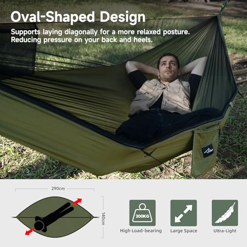 Army Camping Hammock with Mosquito Net & Ridge Rope, 2 Person Large
