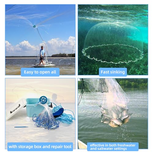 Cast Net for Bait Trap Fish 1/2 Inch Mesh, 9ft Radius with Repair Kit