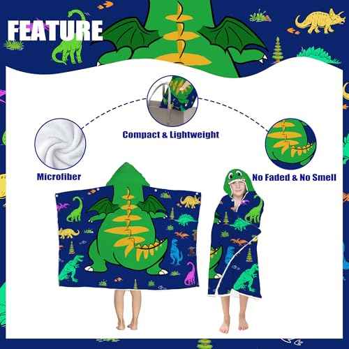 Dinosaur Hooded Beach Towel for Boys, Soft & Absorbent T-Rex Dinosaur Poncho Towel, 30¡±x50¡± Green Blue Bathrobe for Kids Cool Cartoon, Quick Dry Swim, Pool, and Bath Time