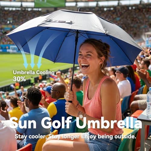 Large UV Protection Golf Umbrella with Windproof Double Canopy - Blue/Silver, 68 Inches