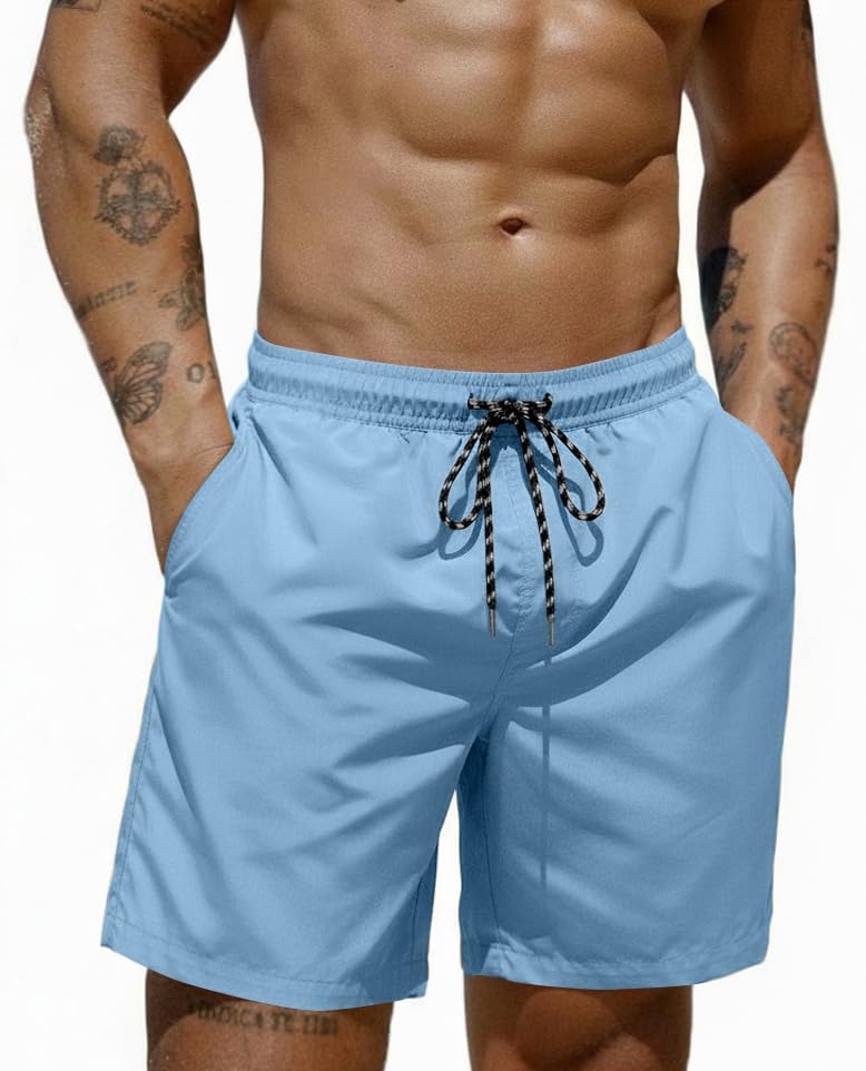Sky Blue 7-Inch Swim Trunks with Mesh Liner - Quick-Dry Men’s Bathing Shorts, COOFANDY, Large