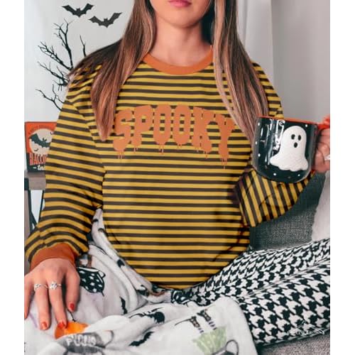 BANGELY Oversized Halloween Sweatshirt Women Vintage Spooky Season Pullover Top Spooky Vibes Letter Print Long Sleeve Shirt