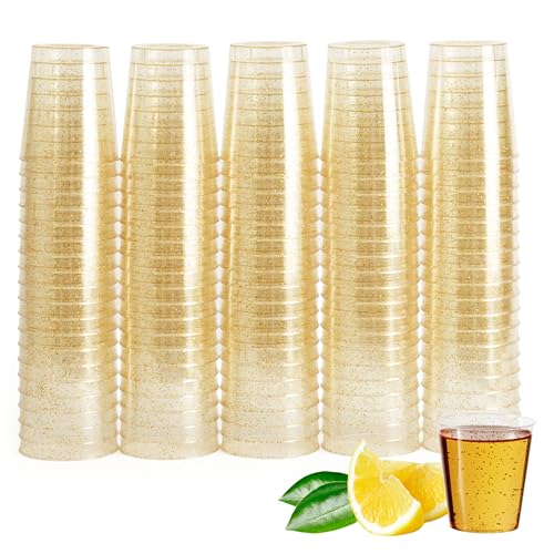 Clear Plastic Shot Glasses with Gold Glitter 2 Oz 100 Pack - Reusable Party Cups