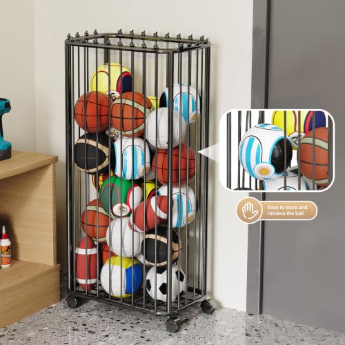 Black Garage Ball Storage Rack - Holds 20-25 Sports Balls, 22"L x 13.3"W x 45.6"H, Heavy Duty Metal Organizer