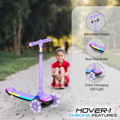 Hover-1 Chroma Folding Kick Scooter for Kids with Multicolor Wheel Lights, 3¡± Front Wheels, Rear Foot Brake, and 110 LB Weight Capacity