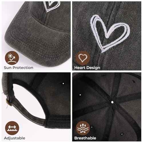 2 Pack Heart Baseball Caps for Women Men, Cute Adjustable Washed Sun Hats for Outdoor Running Golf
