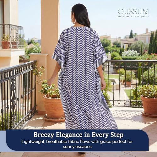 Indigo Blue Plus Size Caftan Maxi Dress for Women, Beach Cover Up Kimono Sleeve