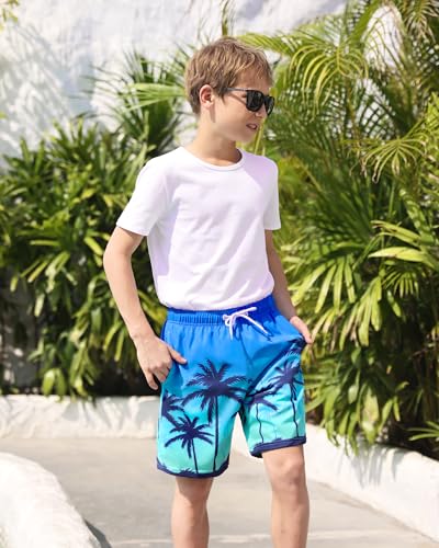 Boys Swim Trunks with Compression Liner Quick Dry Beach Swimwear - Blue Coconut Tree 10-12 Years