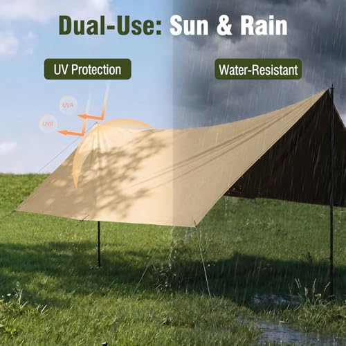 Gold Waterproof Camping Tarp Hammock Rain Fly 14.7x14.7ft with Poles - Multifunctional Tent Shelter