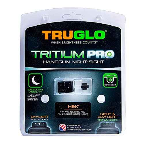 TruGlo Tritium Pro Night Sights, Compatible with H&K VP9, VP40, P30SK, P30L, 45, & 45 Tactical (Including Compact) | Glow-in-The-Dark Front & Rear Gun Sight Set with White Focus Lock Front Ring