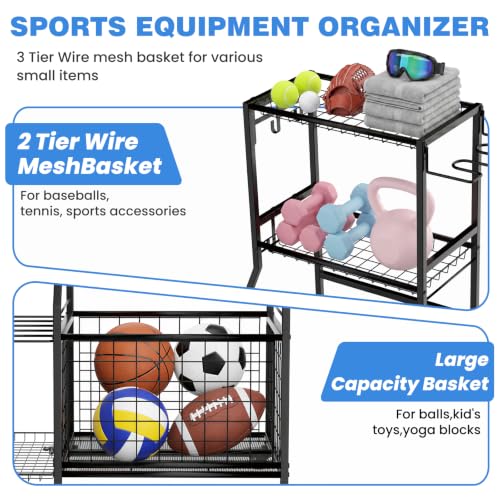 DYWJFR Black 3-Tier Rolling Sports Equipment Organizer with Wheels