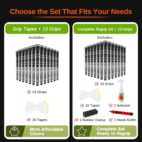 White Golf Grip Set - 13 High-Traction Rubber Club Grips with Low-Taper Design & Micro-Texture - Complete Regripping Kit