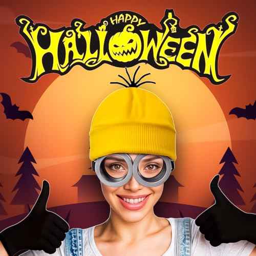 3 Pcs Halloween Costumes Adults & Kids Accessories, Adjustable Goggles Cosplay, Yellow Hat Beanie and Black Gloves for Women, Men, Halloween Party Set