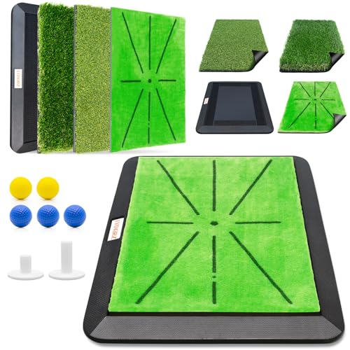Golf Hitting Mat Set with Swing Feedback and No-Slip Rubber Base - 3 Interchangeable Practice Mats