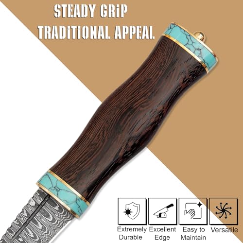 Scottish Dirk Knife Handmade Damascus Steel Wenge Wood & Turquoise Handle with Leather Sheath - Custom Craft