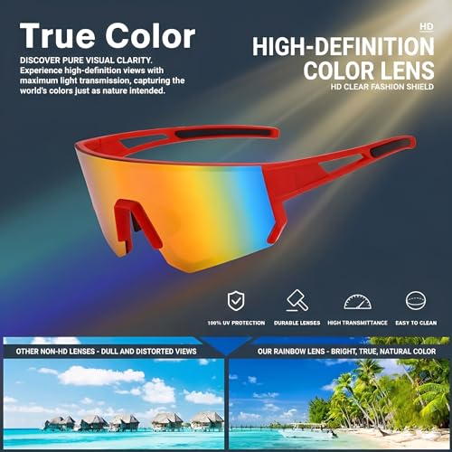 Sports Sunglasses for Men Women Running Baseball Cycling UV400 Red Mirror 75mm