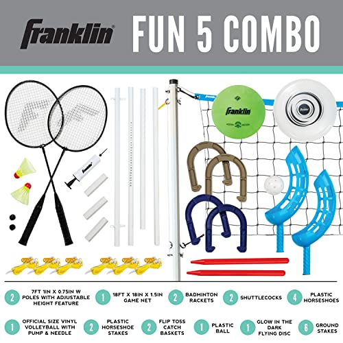 Franklin Sports Fun 5 Combo Outdoor Game Set - Backyard, Beach + Camping Games for Kids - Badminton, Volleyball, Flip Toss, Flying Disc - Horseshoes or Ring Toss