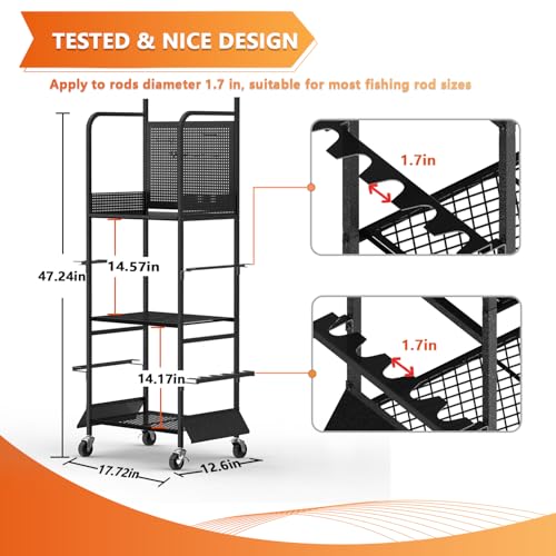 Heavy Duty Fishing Rod Rack with Wheels - Garage Organizer for Fishing Gear