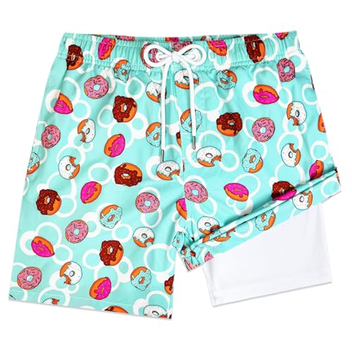 Boys Swim Trunks with Soft Compression Liner No-Chafing Quick Dry UPF 50+ - Donuts 10-12