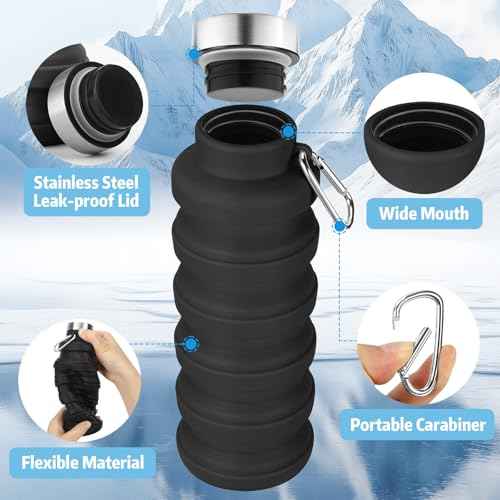 Collapsible Water Bottle,16oz Capacity Portable Reusable Silicone Water Bottle, Leak-proof, with buckle, foldable storage, Lightweight Durable for Fitness, Cycling, Sports, Camping, Hiking (Pink)
