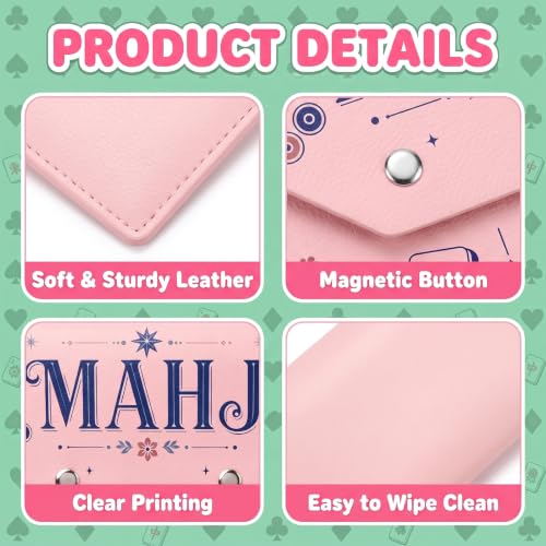 Pink Mahjong Card Holder with Magnetic Closure - Faux Leather Travel Storage